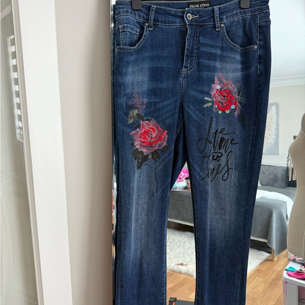 Frank Lyman Design Blue Jeans with Red Floral Accents